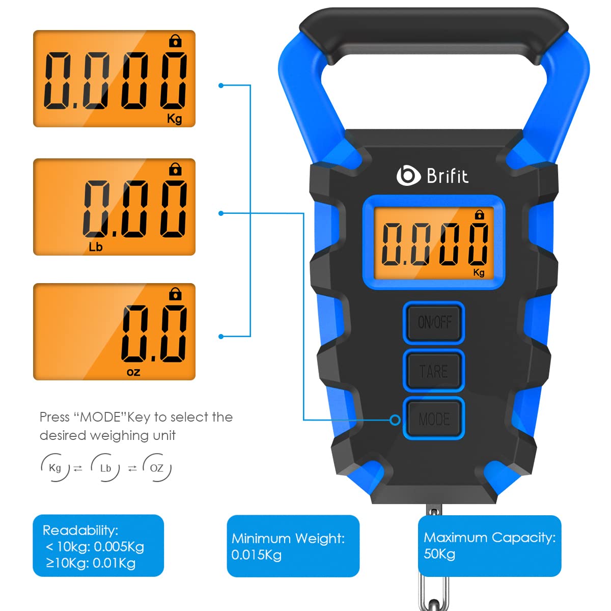 AMIR Luggage Scale with Hook, 110Lb/50kg Digital Fishing Scale, Portable Electric Hanging Scale Non-Slip Big Handle, 3 Modes-LB/OZ/KG, Backlit LCD Display