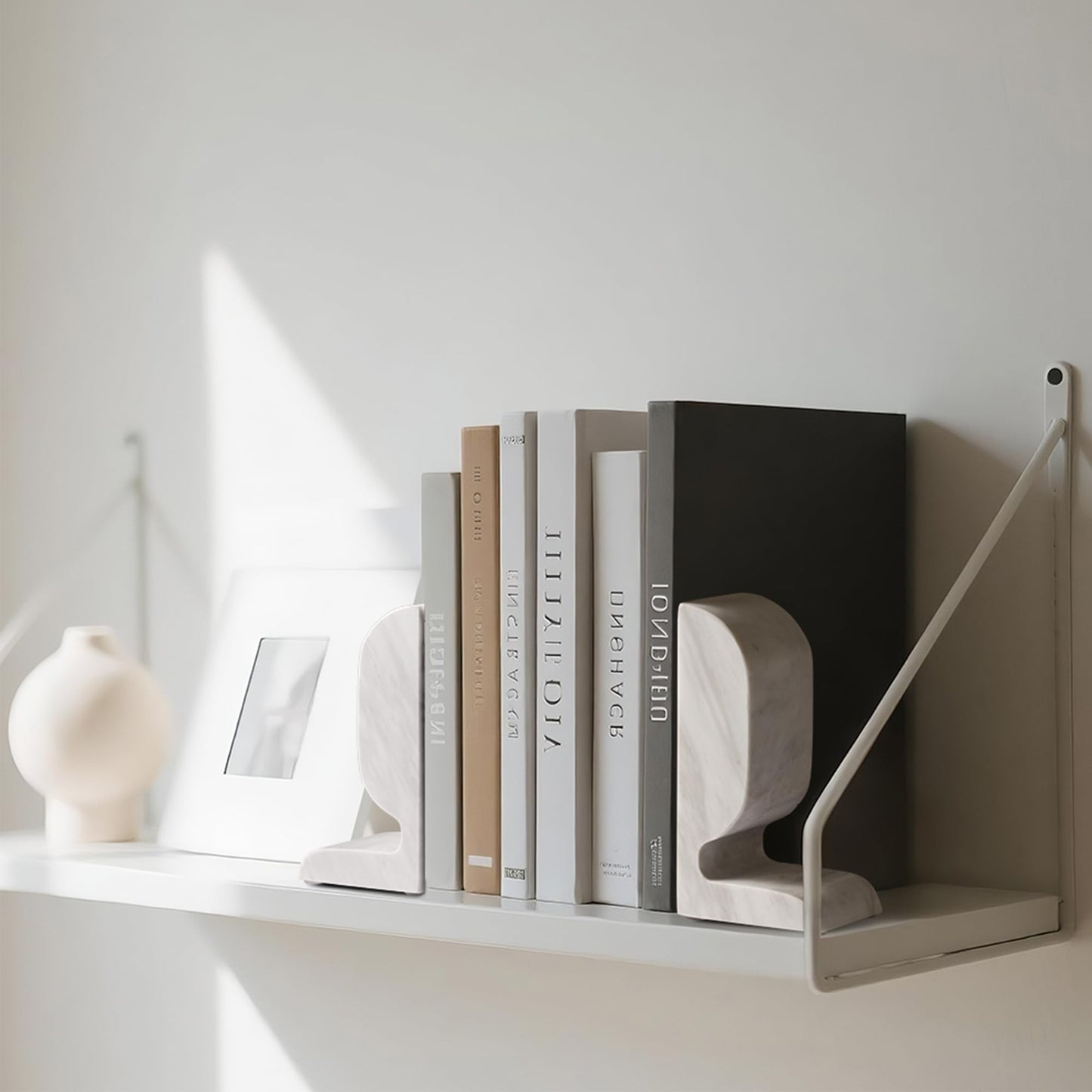 WORHE Marble Bookend for Shelves, Large Book Shelf Holder for Heavy Books, Natural Stone Book Stopper for Books CD Movies, Aesthetic Decorative Book Ends, Bookshelf Table Home Decor White (WH089)