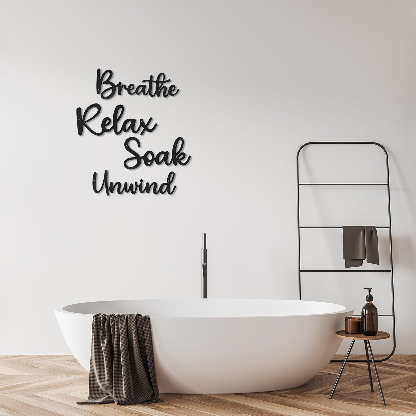 Sanwarm 4 Pieces Metal Modern Wall Decor, Black Wall Art Decors Breathe Relax Soak Unwind Fresh Hollow Sign Minimalist Cosy Hanging Decoration for Home Bathroom Living Room Bath SPA Yoga Studio