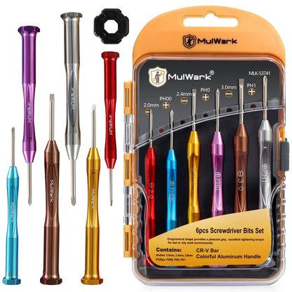 MulWark 6pc Magnetic Micro Precision Screwdriver Set - Mini Flat & Phillips Heads for Glasses, Watch, iPhone & Electronics Repair (CR-V Steel)