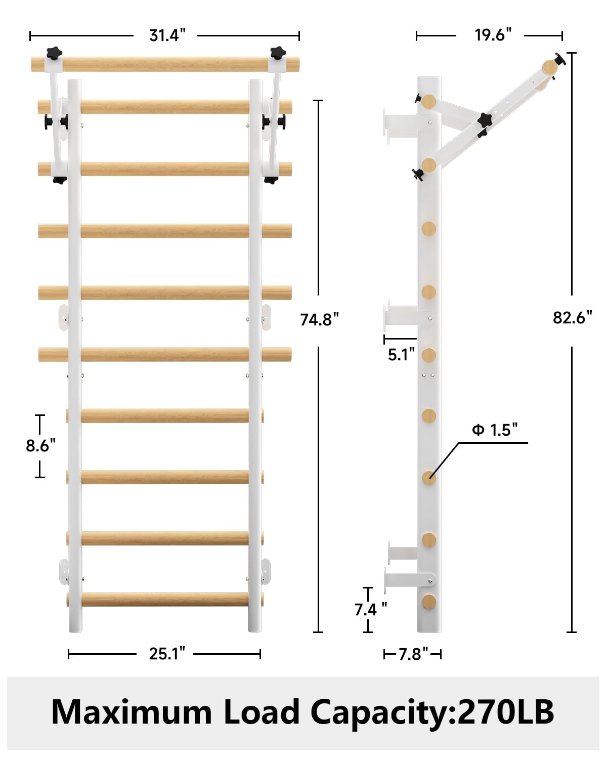 Cofiyard Swedish Ladder Wall Gym, Wooden Wall-Mounted Stall Bars with Pull-up Bar & Exercise Straps & Dip Bars, Stretching Ladder Full Body Home Gym Adults New, White