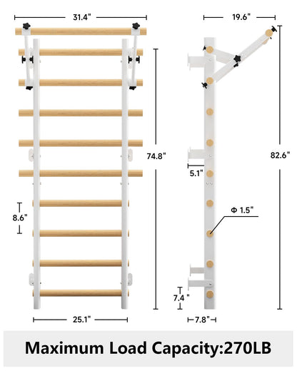 Cofiyard Swedish Ladder Wall Gym, Wooden Wall-Mounted Stall Bars with Pull-up Bar & Exercise Straps & Dip Bars, Stretching Ladder Full Body Home Gym Adults New, White