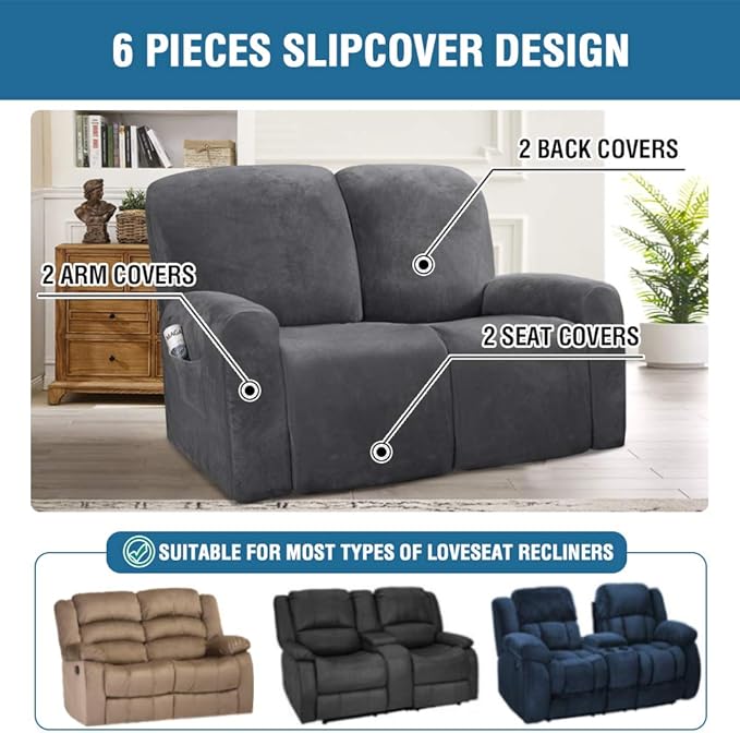 H.VERSAILTEX Velvet Stretch Recliner Couch Covers 6-Pieces Recliner Loveseat