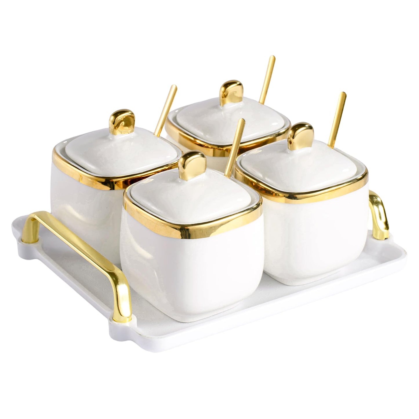 EABOSON 4 Pack Gold Condiment Spice Jars with Lids, Spoons, Tray - Ceramic Seasoning Box Set for Salt, Pepper, Sugar - Kitchen Storage