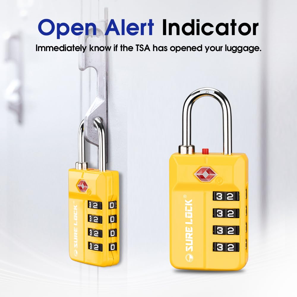 TSA Approved Travel Luggage Locks, Open Alert Combination Lock for School Office & Gym Locker ,Toolbox, Pelican Case,Easy Read Dials- 1, 2 & 4 Pack (1, Yellow 2 Pack)