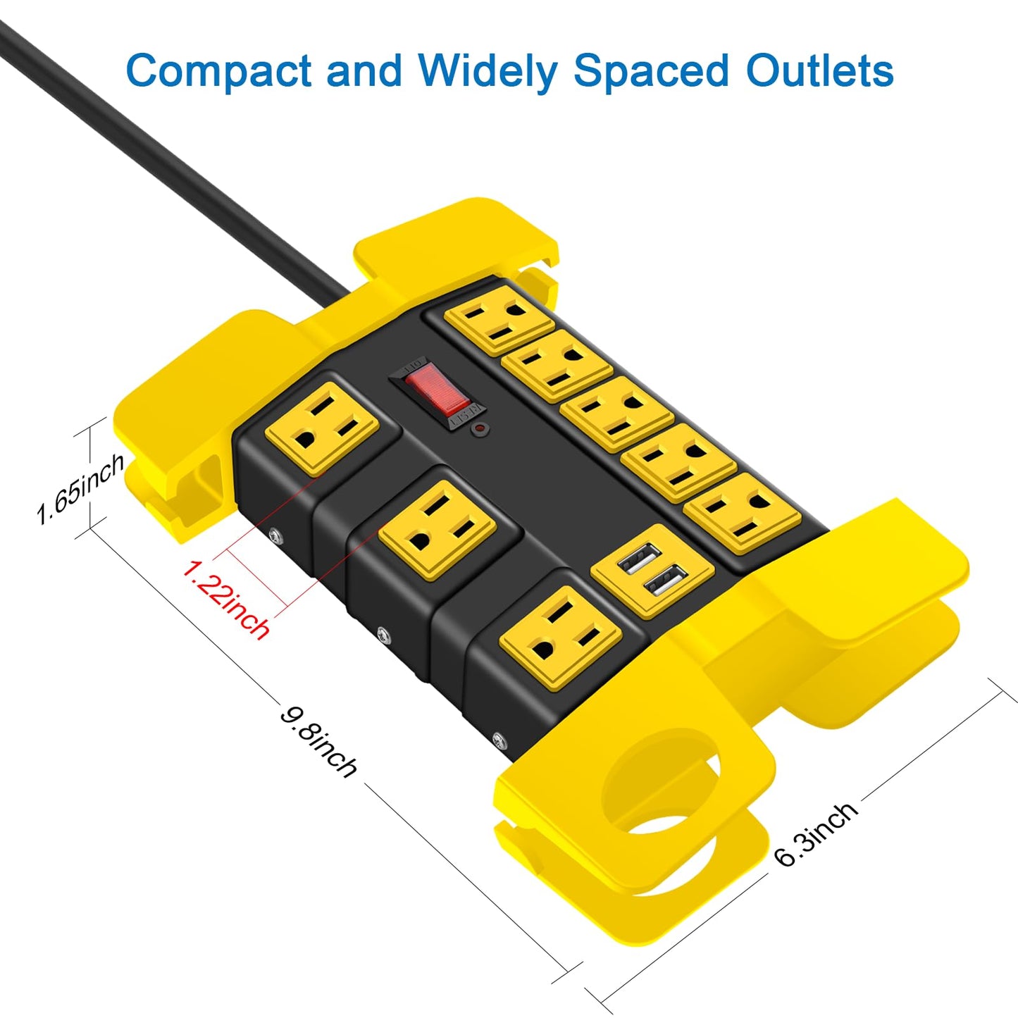 Heavy Duty Power Strip with USB, Workshop 8 Outlet Surge Protector 2700 Joules, Industrial Metal 15Amp Power Strip, 6FT Extension Cord and Wide Spaced. Yellow