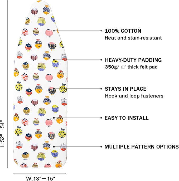 Ironing Board Cover and Pad Standard Size 15" x 54", 3 Pairs of Hook and Loop