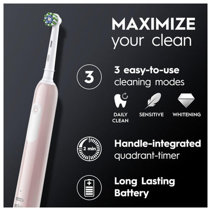 Oral-B Pro 1 Electric Toothbrush For Adults, With 3D Cleaning, 1 Toothbrush Head, Gum Pressure Control, 2 Pin UK Plug, Pink, Travel Electric Toothbrush, Rechargeable Toothbrush For Adults