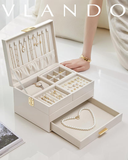 VLANDO 3 Layer Jewelry Box - Women Jewelry Box with Retractable Tray - Jewelry Organizers with Drawer for Necklaces, Rings, Bracelets, Earrings, Valentines Gift for Mom Girls - Cloud White