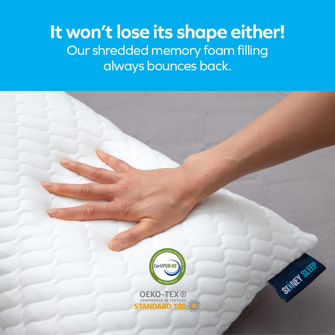 Sidney Sleep Pillow for Side and Back Sleepers - Comfort for Neck and Shoulder Pain - Adjustable and Customizable Shredded Memory Foam Filling - Queen Size - Includes Additional Foam Fill (White)