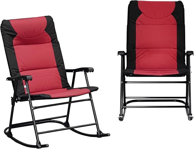 Outsunny Oversized Folding Rocking Camping Chair Set of 2, Padded Outdoor Rockers with High Back and Armrests, Portable Outdoor Patio Chairs with Steel Frame for Garden, Porch, Lawn, Red