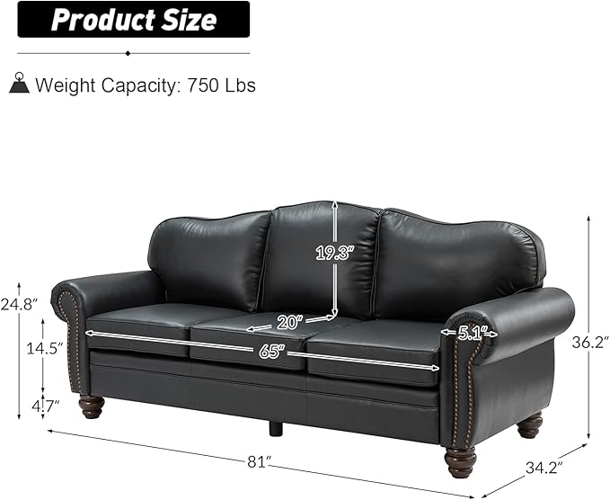 81" Genuine Leather Sofa, Classic 3-Seater Couchs