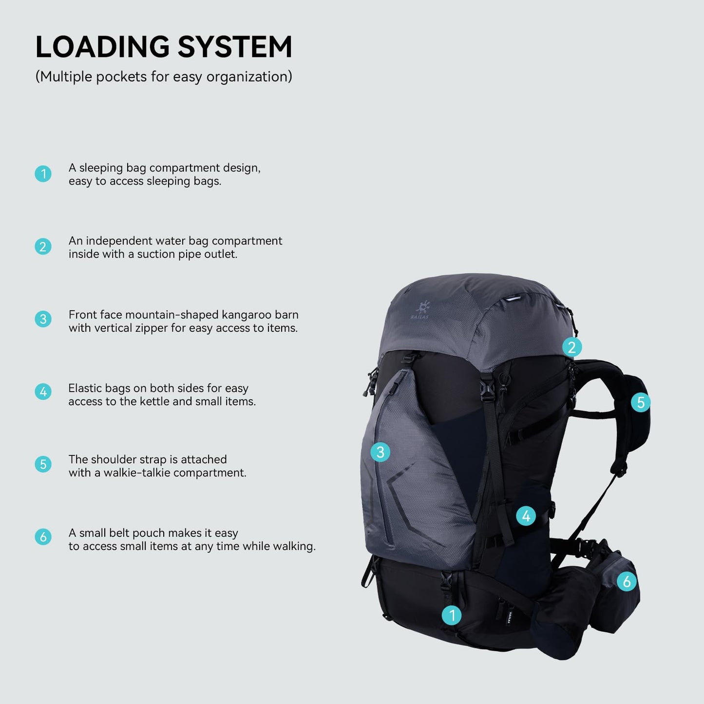 KAILAS RIDGE III 65+5L Hiking Backpack Trekking Daypack Outdoor Backpacking Waterproof Lightweight Internal Frame Backpack for Traveling Camping with Rain Cover Dark Black S