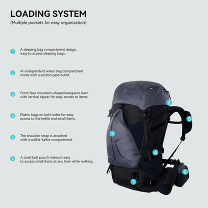 KAILAS RIDGE III 65+5L Hiking Backpack Trekking Daypack Outdoor Backpacking Waterproof Lightweight Internal Frame Backpack for Traveling Camping with Rain Cover Dark Black S