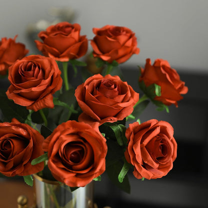 Veryhome 10 Pcs Artificial Roses Silk Flowers Fake Single Stem Rose Bud Bridal Bouqets For Wedding Home Birthday Party Arrangment Garden Decoration (Burnt Orange)