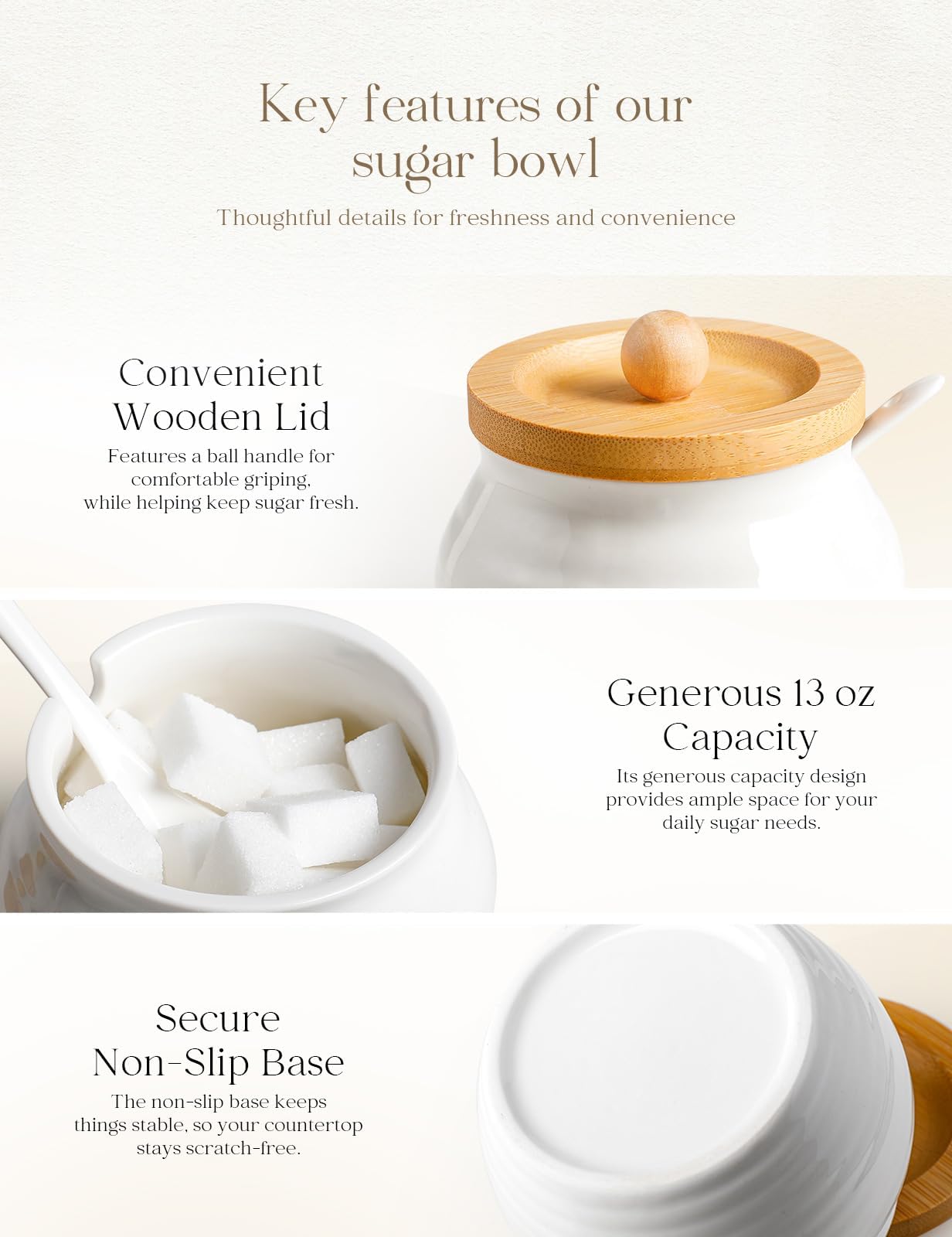 AISBUGUR Sugar Bowl with Lid and Spoon: 13oz Sugar Jar with Bamboo Lid,Ceramic Sugar Container for Coffee Bar - Countertop,Kitchen Decor (White)