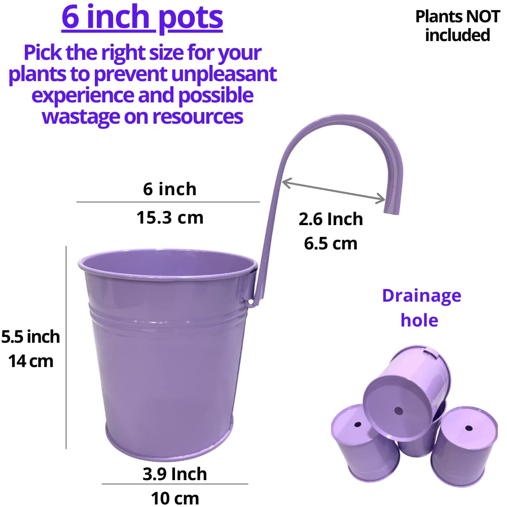 LaLaGreen Hanging Planters Outdoor -10 Pack, 6 Inch Colorful Large Metal Flower Pot, Balcony Planters Railing Hanging Herb Garden Iron Hanging Plant Buckets for Fence Rail Deck Porch Outside Wall