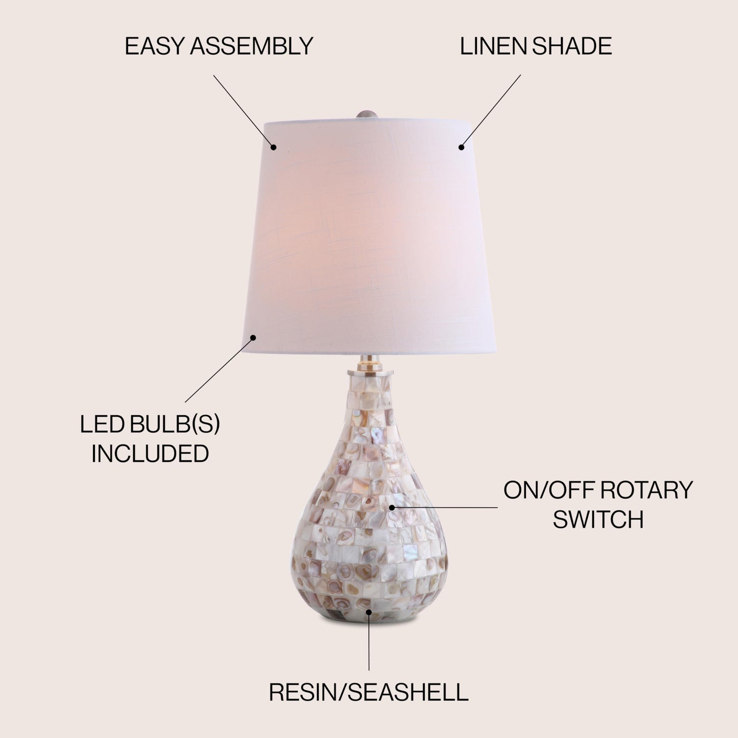 JONATHAN Y 20.5" Seashell Coastal Mini LED Table Lamp for Living Room Office, White Linen Drum Shade, Modern Mother of Pearl Bedside Nightstand Lamp, LED Bulb Included JYL1024A
