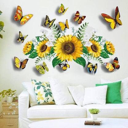 Sunflower Wall Stickers with 3D Butterfly Wall Sticker, Yellow Flowers Wall Decal,SPRT Waterproof and Removable, Sunflower Wall Stickers for Bedroom Living Room Bathroom Décor