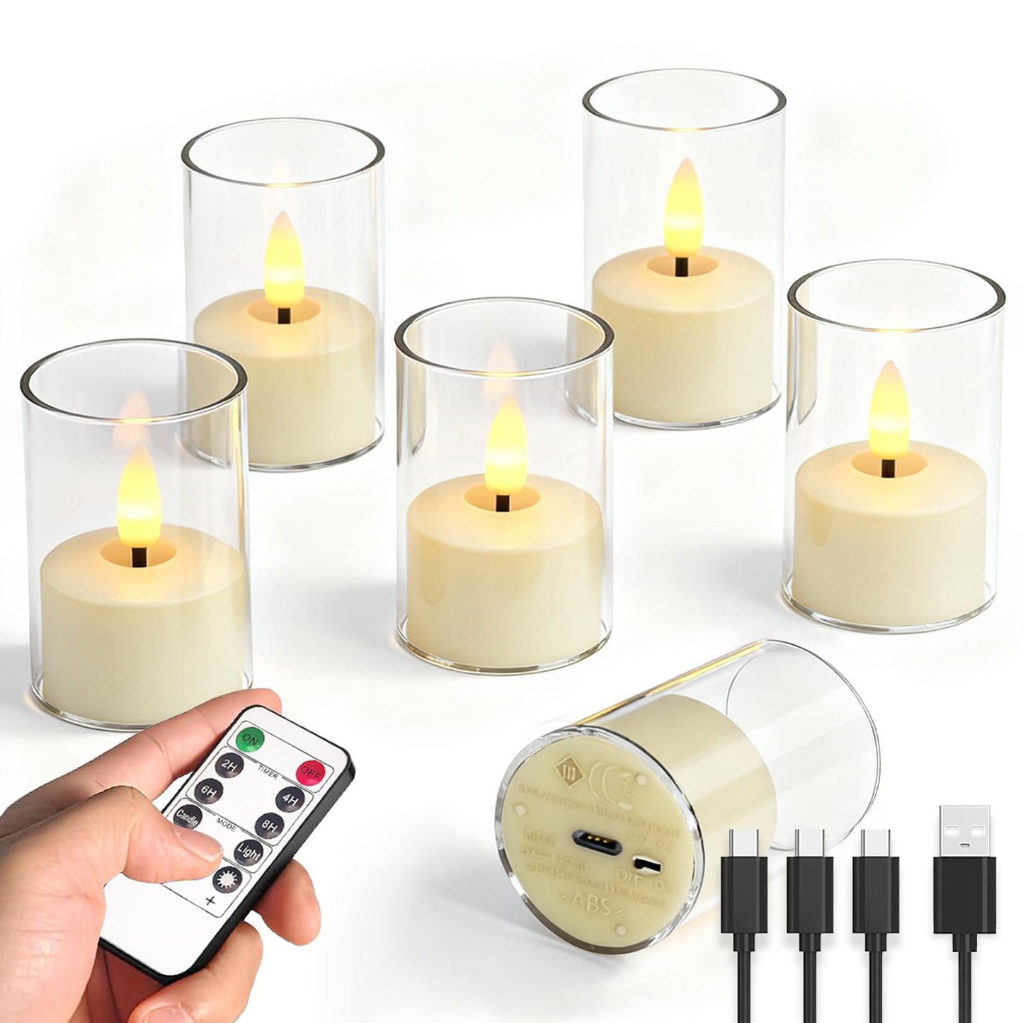 Utwickeln Rechargeable Flameless Tea Light Candles, LED Tea Lights with Remote & 2-8H Timer, 6-Pack, USB-C, Acrylic, White, for Home, Wedding, Dinner Party, Sports Bar Night, Living Room & Hotel