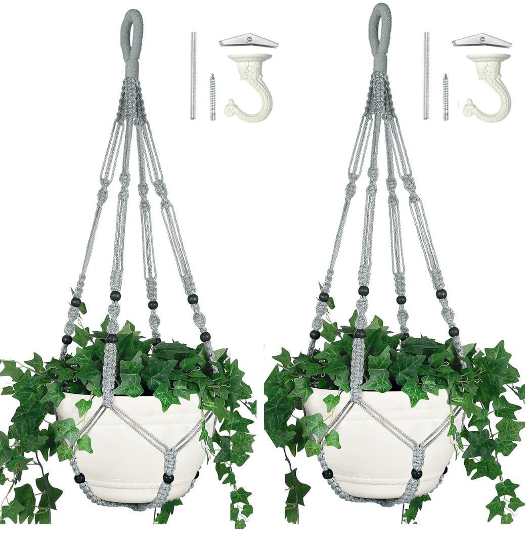 Shineloha 2 Pack 43 Inches Macrame Planter Hanger Large for 12 inch Pot + Swag Hook (Extra Long & Big) | Large Hanging Planter for Indoor Plants | No Tassel, Cotton Rope, No Pot/Plant Included