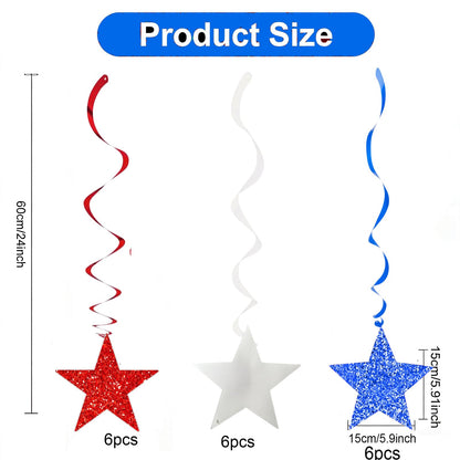 4th of July Decorations Red White Blue/Graduations Party Decorations Red Blue/Patriotic Hanging Star Streamers, Red White Blue Glitter Stars with Swirls, Memorial Day Veterans Day