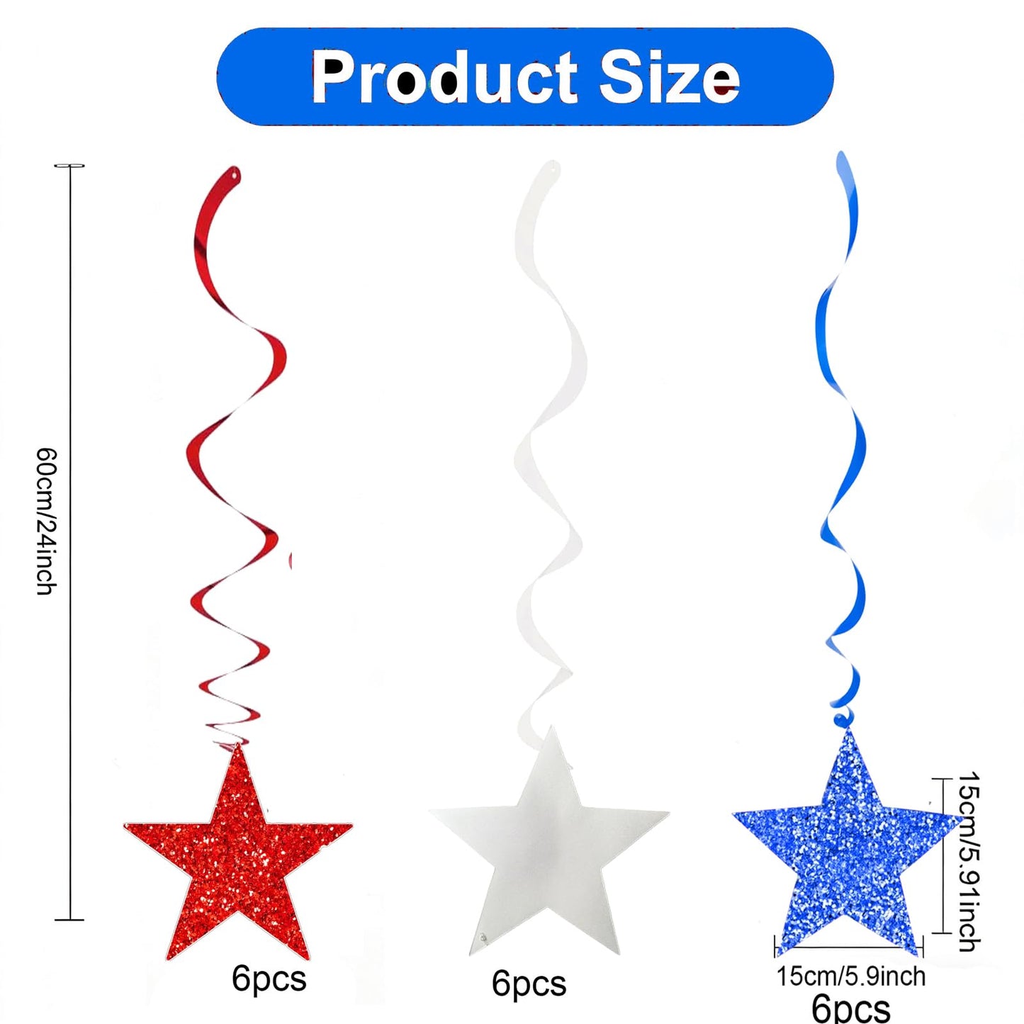 4th of July Decorations Red White Blue/Graduations Party Decorations Red Blue/Patriotic Hanging Star Streamers, Red White Blue Glitter Stars with Swirls, Memorial Day Veterans Day