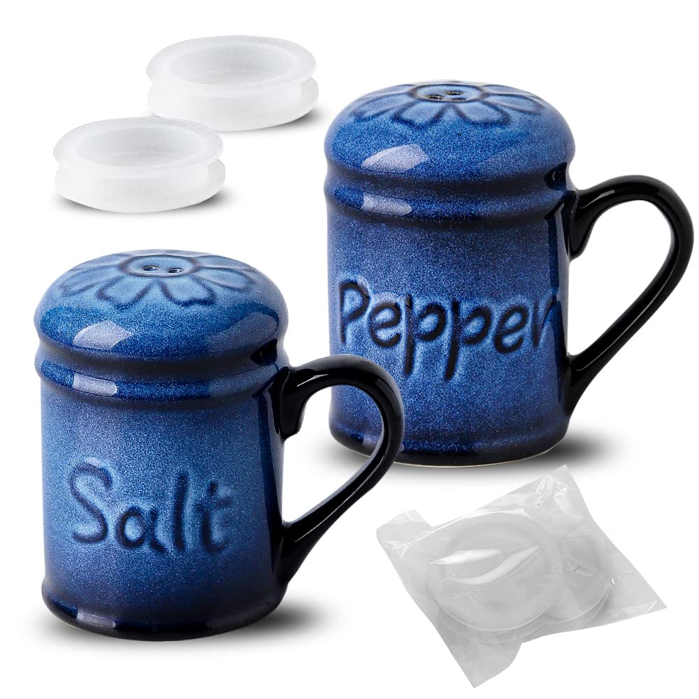 Nihow Ceramic Salt and Pepper Shakers Set & Spoon Rest: Heat Resistant Spoon Rest - Resist Rusting Seasoning Shaker with Handle for Counter - Elegant Black & Blue