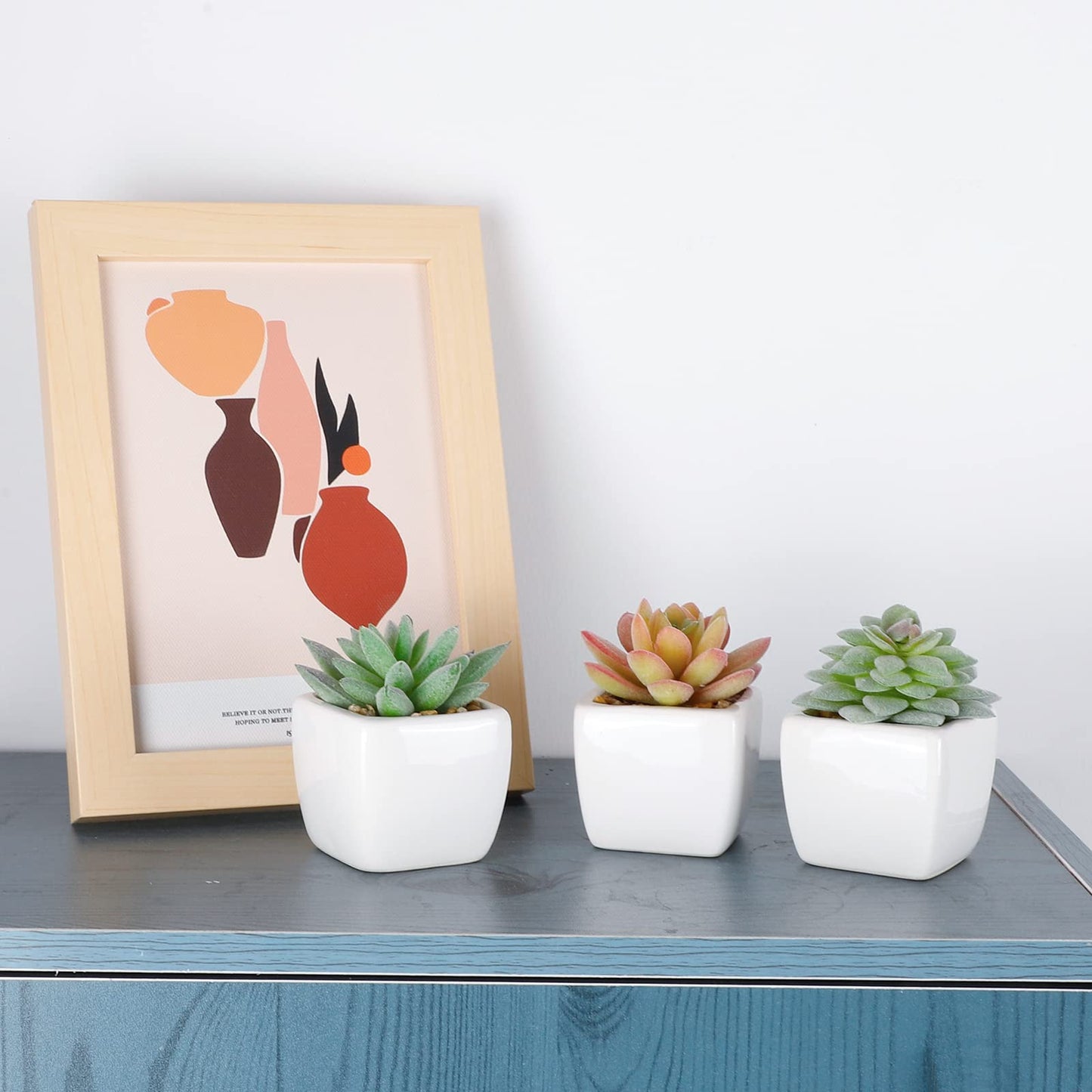 FUNARTY 5pcs Artificial Succulent Plants, Small Fake Desk Plants Mini Succulents Indoor for Shelf Living Room Bedroom Windowsills Office Home Decoration (Include White Ceramic Pots)