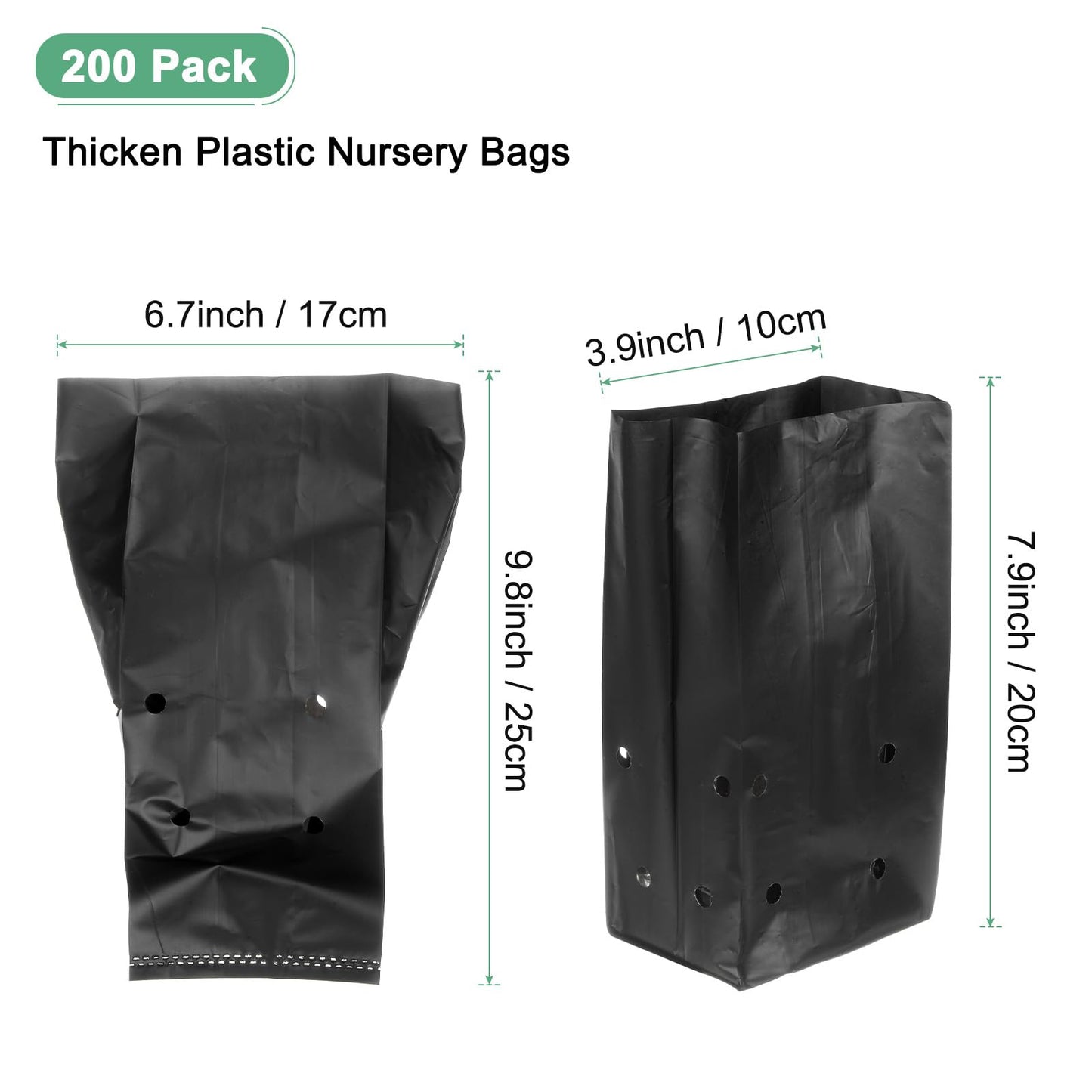 M METERXITY 200-Pack Nursery Growing Bags, 6.7" x 9.8" Thicken Plastic Nursery Bags, Gardening Seed Plant Bags for Potato/Flower/Tomato/Plant Starts/Home Gardening Supplies [Black]