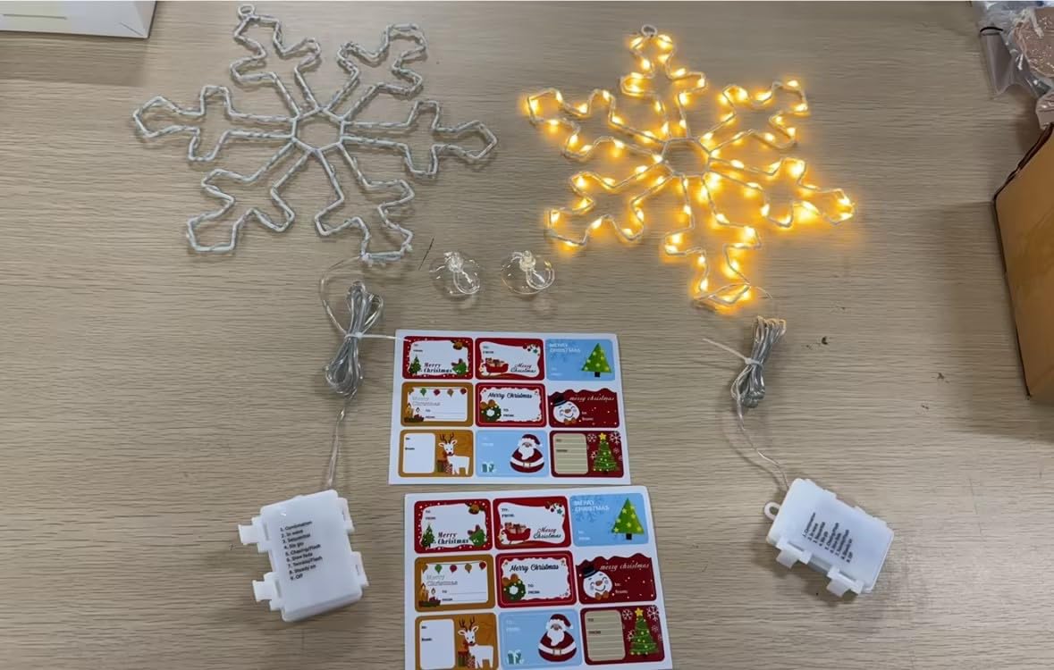 Hiboom 2 Pack Christmas Window Lights, 12 Inch Snowflake Lighted Decorations Wrapped with LED String Lights, 8 Modes Battery Powered Christmas Window Light for Xmas Indoor Decor (Warm White)