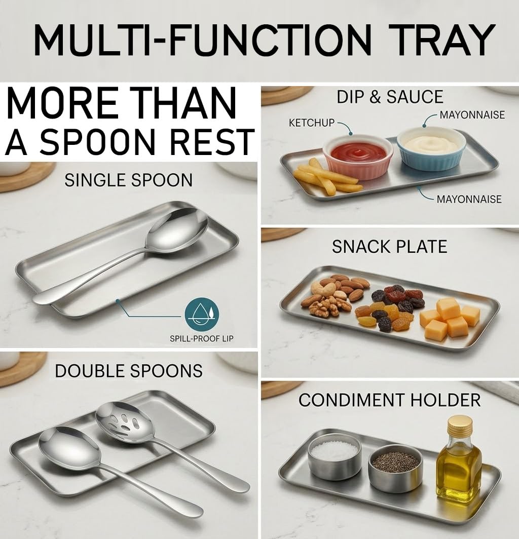 4-Piece Serving Spoons Set with 2 Spoon Rests, 18/8 Stainless Steel, 2 Slotted & 2 Solid Serving Spoons, Heavy Duty 304 Tableware for Buffet, Banquet & Kitchen Use