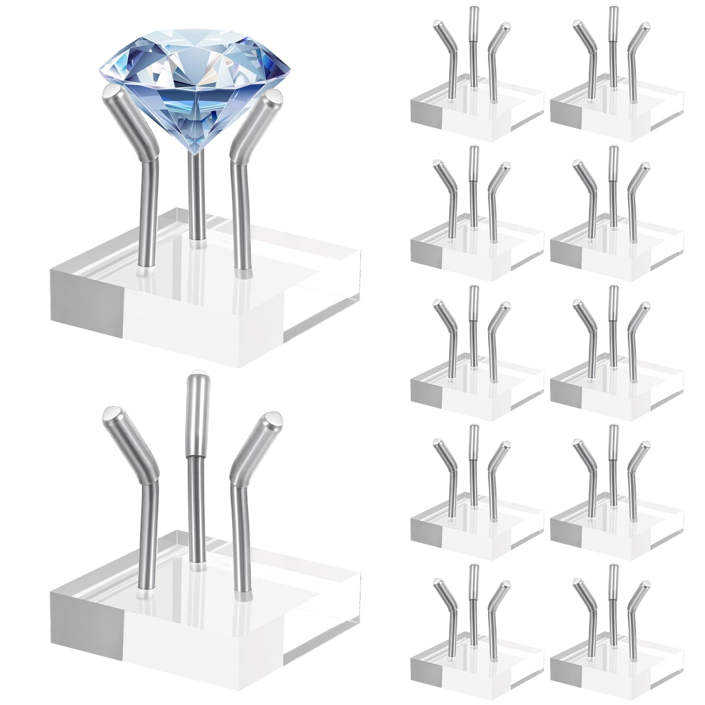 XLIUAX 12 Pcs Rock Display Stands, Stainless Steel 3 Pegs Clear Acrylic Base Display Mini Easel Stand for Fossil Coral Crystal Geodes Mineral Agate Small Collectibles