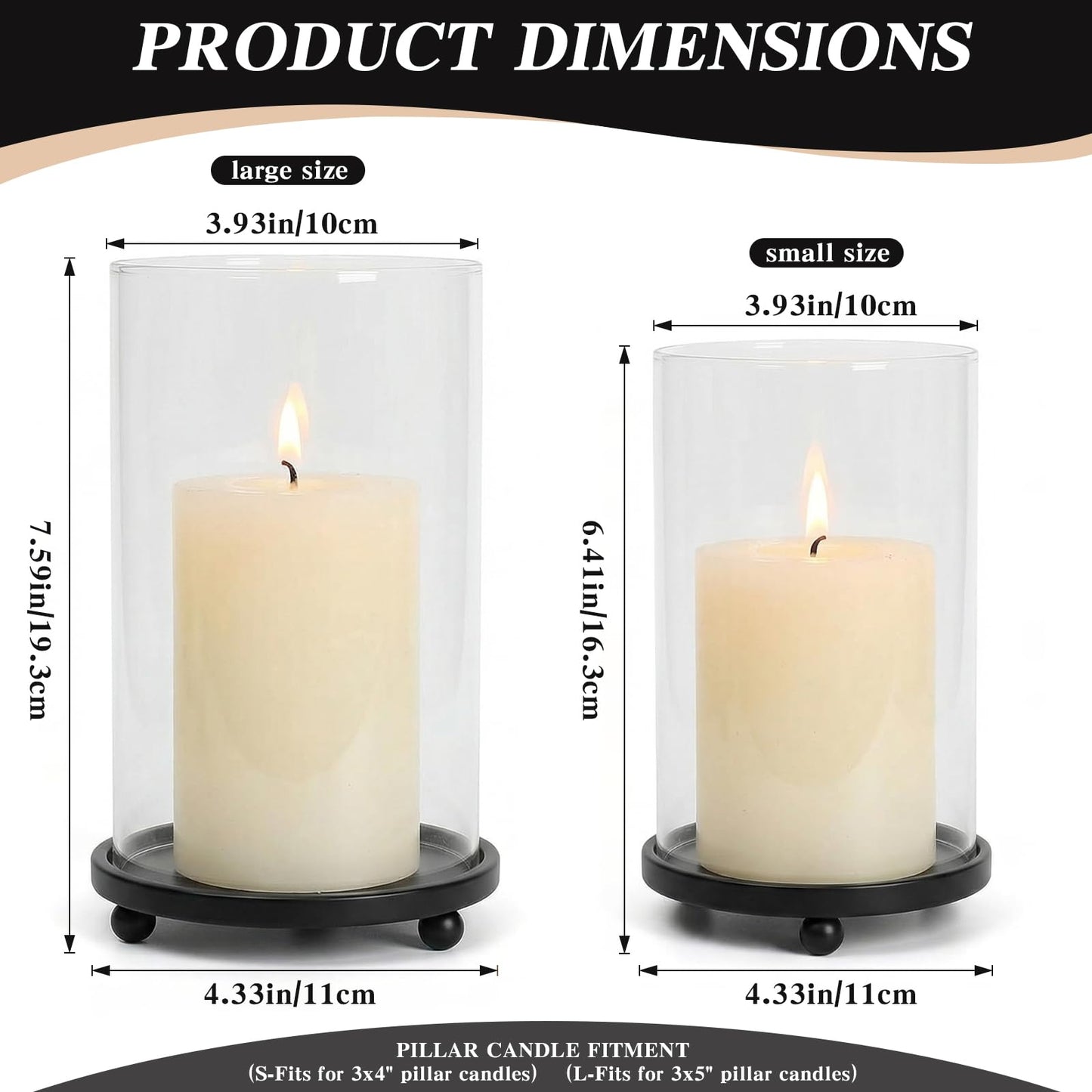Hurricane Candle Holders Set of 2 - Pillar Candle Stands with Glass Sleeves for Fireplace Mantel & Dining Table Centerpiece Decor (Black)