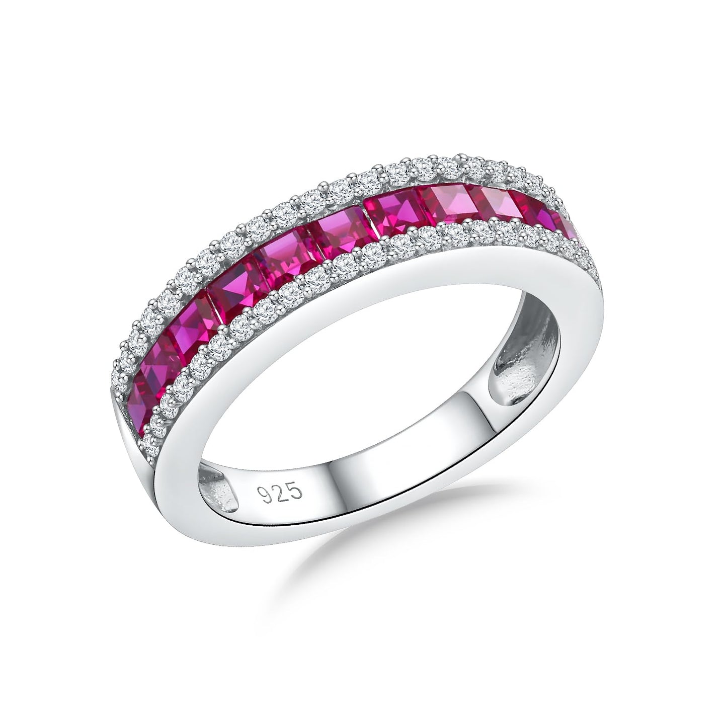 RANDES Red Ruby Eternity Band Rings for Women 925 Sterling Silver Channel Set Princess Cut Engagement Ring Wedding Band Size 6.5