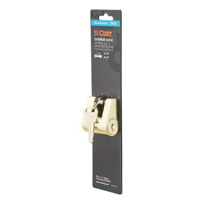 CURT 23022 Brass-Plated Steel Trailer Tongue Coupler Lock, 1/4-Inch Pin Diameter, Up to 3/4-Inch Span