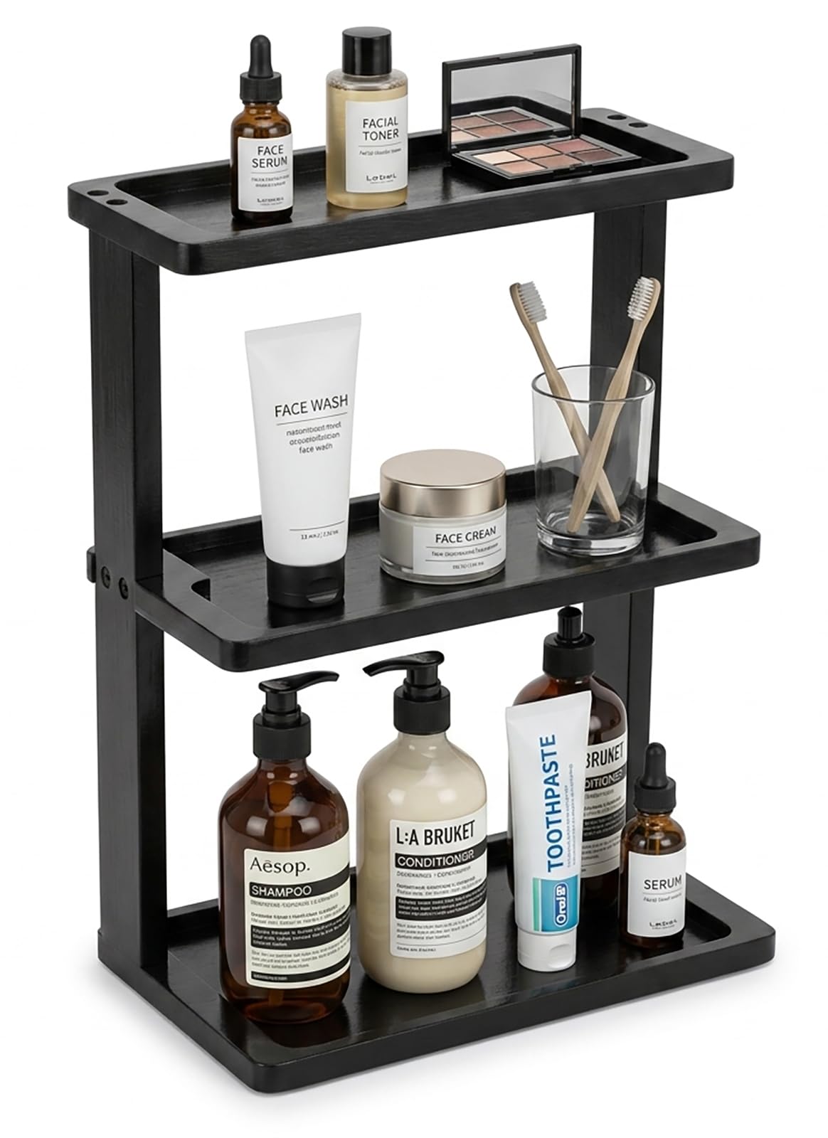 PEKER Bamboo Bathroom Organizer Countertop – Vanity Storage Shelf for Makeup, Perfume, Skincare – Natural Cosmetics Display Rack for Dresser, Sink, Kitchen – Black
