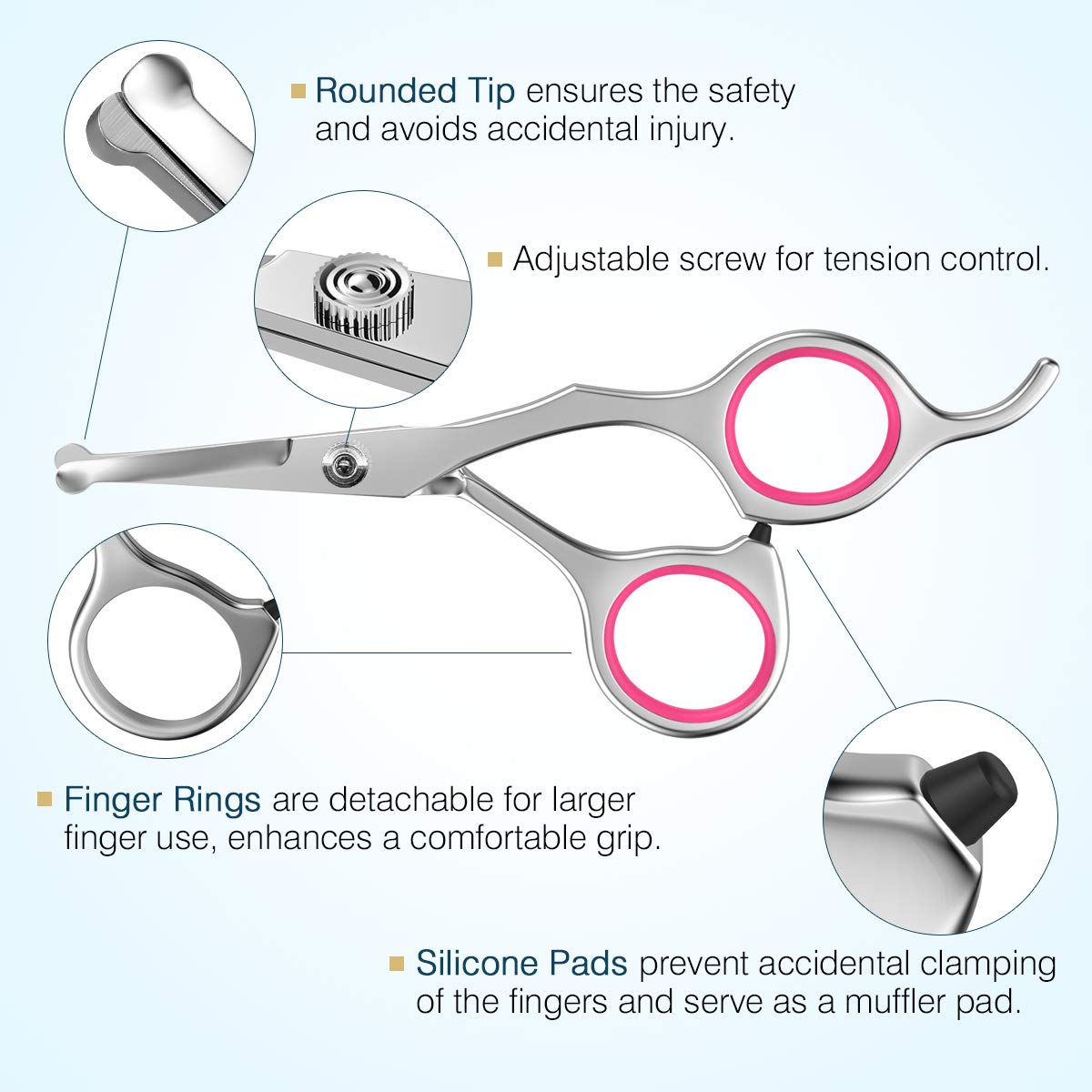 Pawaboo Dog Grooming Scissors Set, 5 Pieces Professional Dog Salon Scissors, Combing Fur Scissors with Round Safety Tip for Pets, Dogs, Cats, Thinning Scissors, Hair Care, Grooming Cutting - Pink