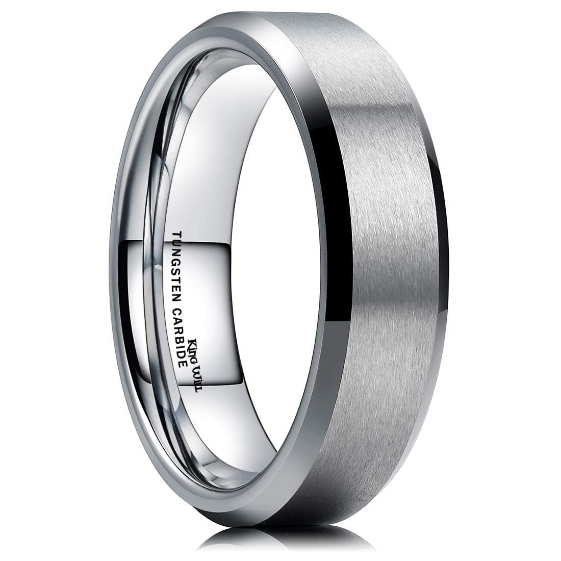 King Will 6mm Men's Silver Wedding Ring - Brushed Matte Surface, Beveled Polished Edge, Comfort Fit Size15