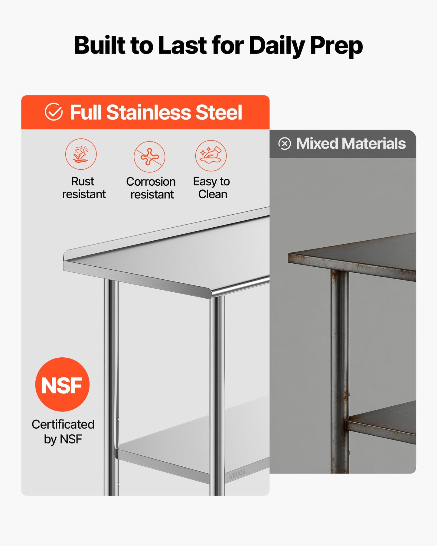 VEVOR Stainless Steel Work Table, 24x48 inch Food Prep Table with Wheels, Commercial Kitchen Workstation with Adjustable Undershelf, Metal Heavy Duty Utility Worktable, for Restaurant Home Outdoor