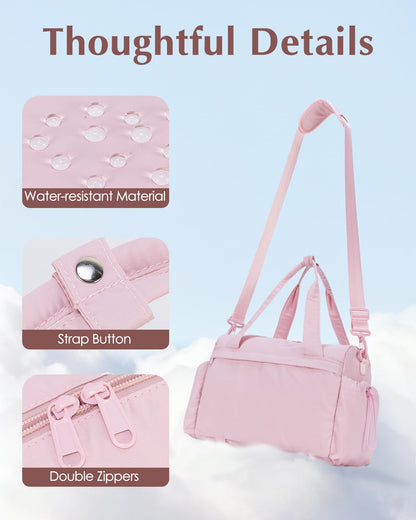 Small Gym Bag, Mini Gym Bag for Women with Yoga Mat Holder and Wet Compartment, Cute Mini Puffer Duffle Bag with Water Bottle Pocket for Workout Yoga Dance, Puffer Pink