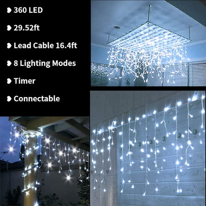 Toodour Christmas Icicle Lights Outdoor, 360 LED 29.5ft 8 Modes Fairy Icicle String Light with 60 Drops, Led Christmas Lights Twinkle for Holiday, Party, Wedding, Eaves, Xmas Decorations (White)