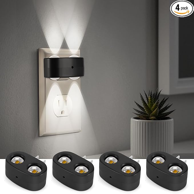 4 Pack LED Night Light Plug-in Wall, 100 Lumens 4000K Cool White, Auto On/Off Dusk to Dawn Sensor, Adjustable Swivel Head for Indoor – Ideal for Hallway, Stairs, Bedroom, Bathroom, Kitchen