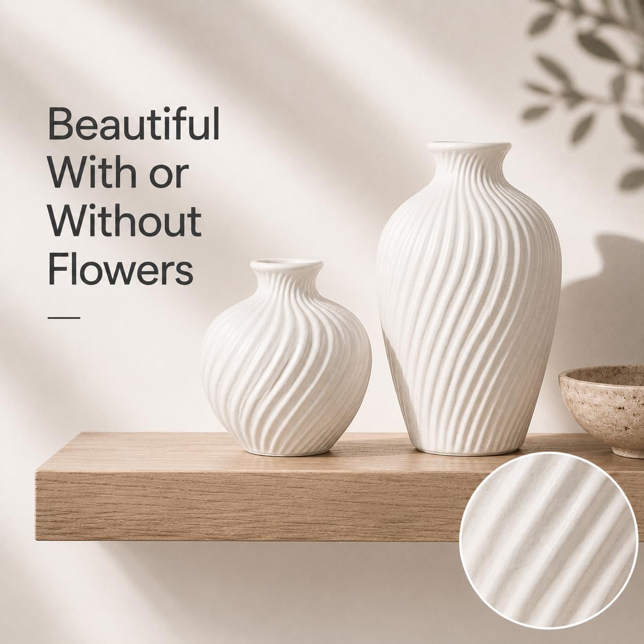 White Ceramic Vase Set of 2 - Modern Flower Vases for Home Decor - Rustic Textured White Vase for Living Room Decor - 8.65×5.5 & 5.5×5.5 Inch Round Vases for Dining Table Centerpiece Decoration