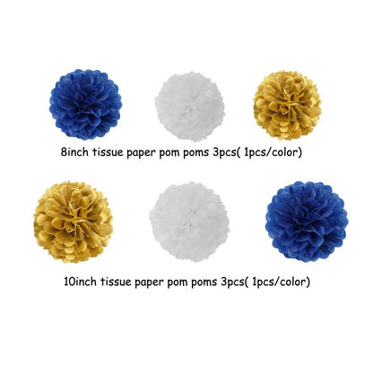 Navy-Blue White-Gold Party-Decoration Graduation Banner - 8pcs Kits Cap Garland Streamers, Paper Tissue Pom Poms Flowers, 2026 Craduate Banner Congratulations Grad Decor Lasting Surprise