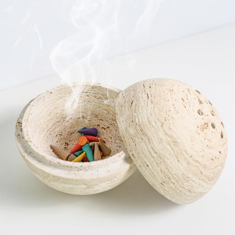 100% Natural Travertine Spherical Incense Burner, Manual Incense Burner Holder, Ideal for Smudging, Handmade Stone Incense Burning for Ritual Purpose Home Decor