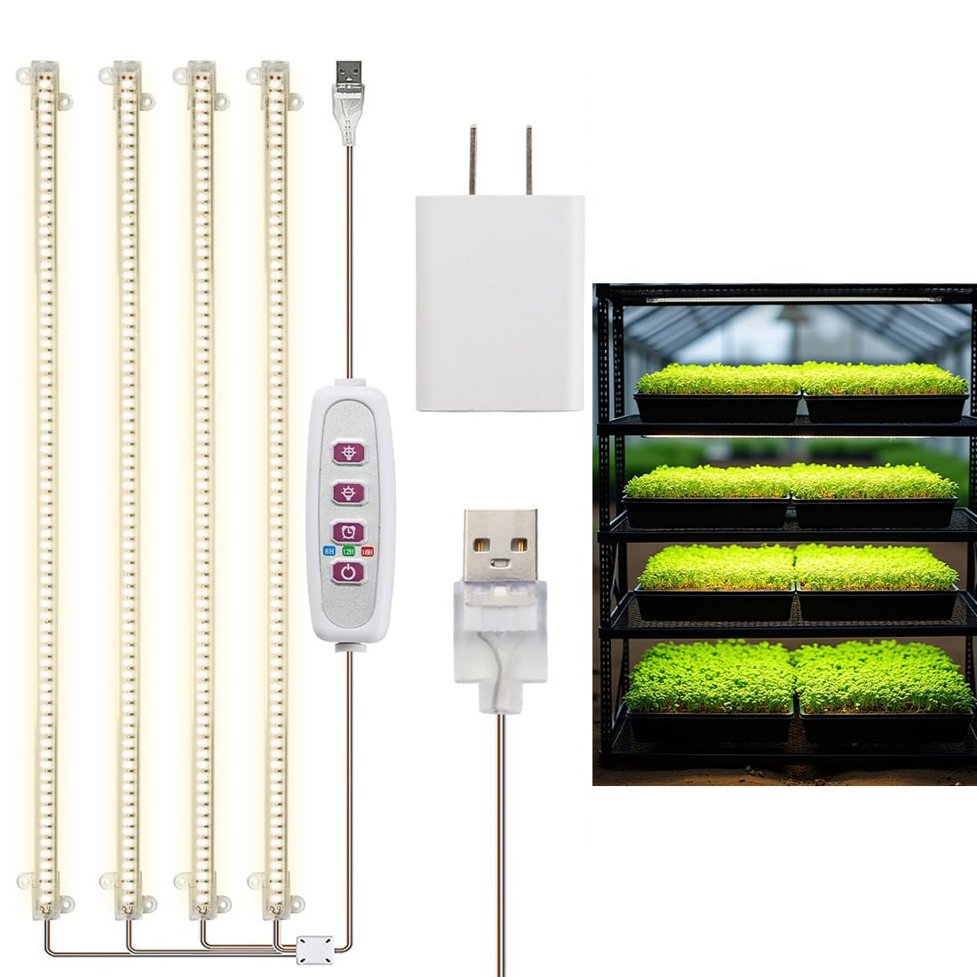 RooTrimmer 20 Inch Grow Light for Seed Starting for 1020 Trays Full Spectrum LED, Hydroponics Growing System Lights, Indoor Greenhouse Plant Lamp, 8/12/16H Timer & Dimmable Grow Lamp, 4 Pcs