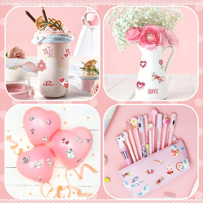 Valentines Stickers, Love Stickers, 100 PCS Holographic Valentine's Day Sticker, Pink Heart Decal Bulk, Waterproof Vinyl Sticker for Waterbottle, Scrapbooking, Envelope Card Mailbox Classroom Gift