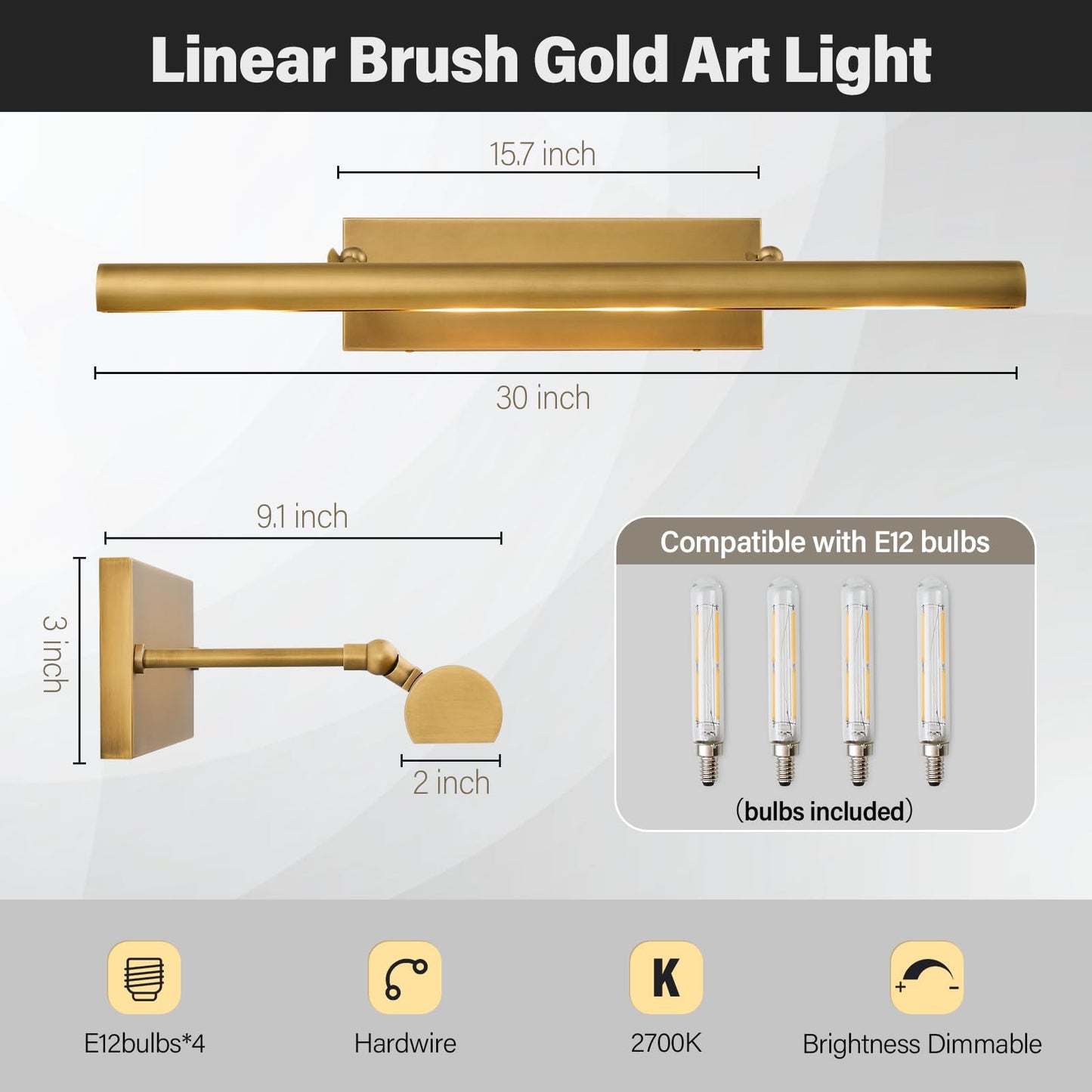 Art Picture Frame Wall Light: 30" Glod Antique Swing Arm Artwork Paintings - Dimmable Long Brass 4 Lights Over Photo Framed - Decorative Wall Lighting Above Painting for Gallery Museum Bulbs Included