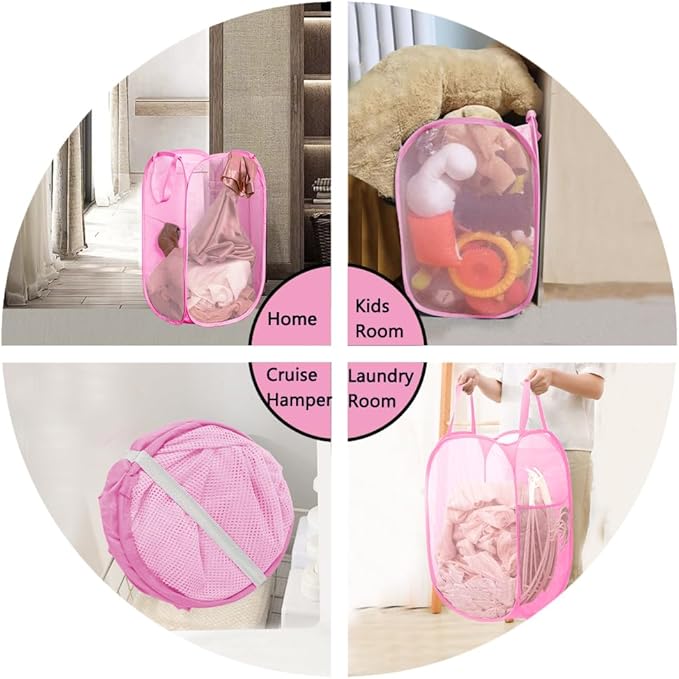 Portable Mesh Pop Up Laundry Hamper Pink Vertical Collapsible Laundry Basket